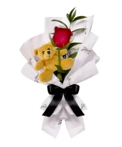 Buquê Rosa Vermelha e Urso Chaveirinho